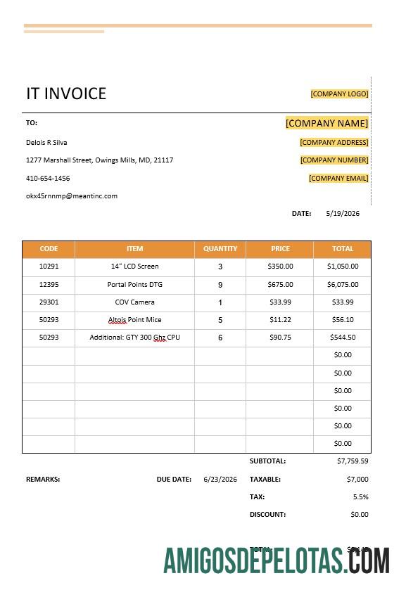 em branco Modelo simples de fatura de TI